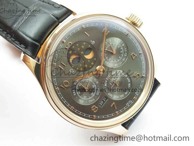 MIROTIME 0307 Elegant Portugieser Perpetual Calendar IW503302 RG V9F 1:1 Best Edition Gray Dial on Black Leather Strap A 7096